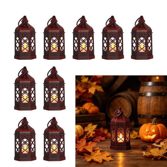 Reperla 12Pcs Mini Moroccan Lanterns (Brushed Red) with LED Candle - Hanging Vintage Small Lanterns for Ramadan, Wedding, Easter, Christmas, Churches - Table Centerpieces & Medieval/Themed Decor