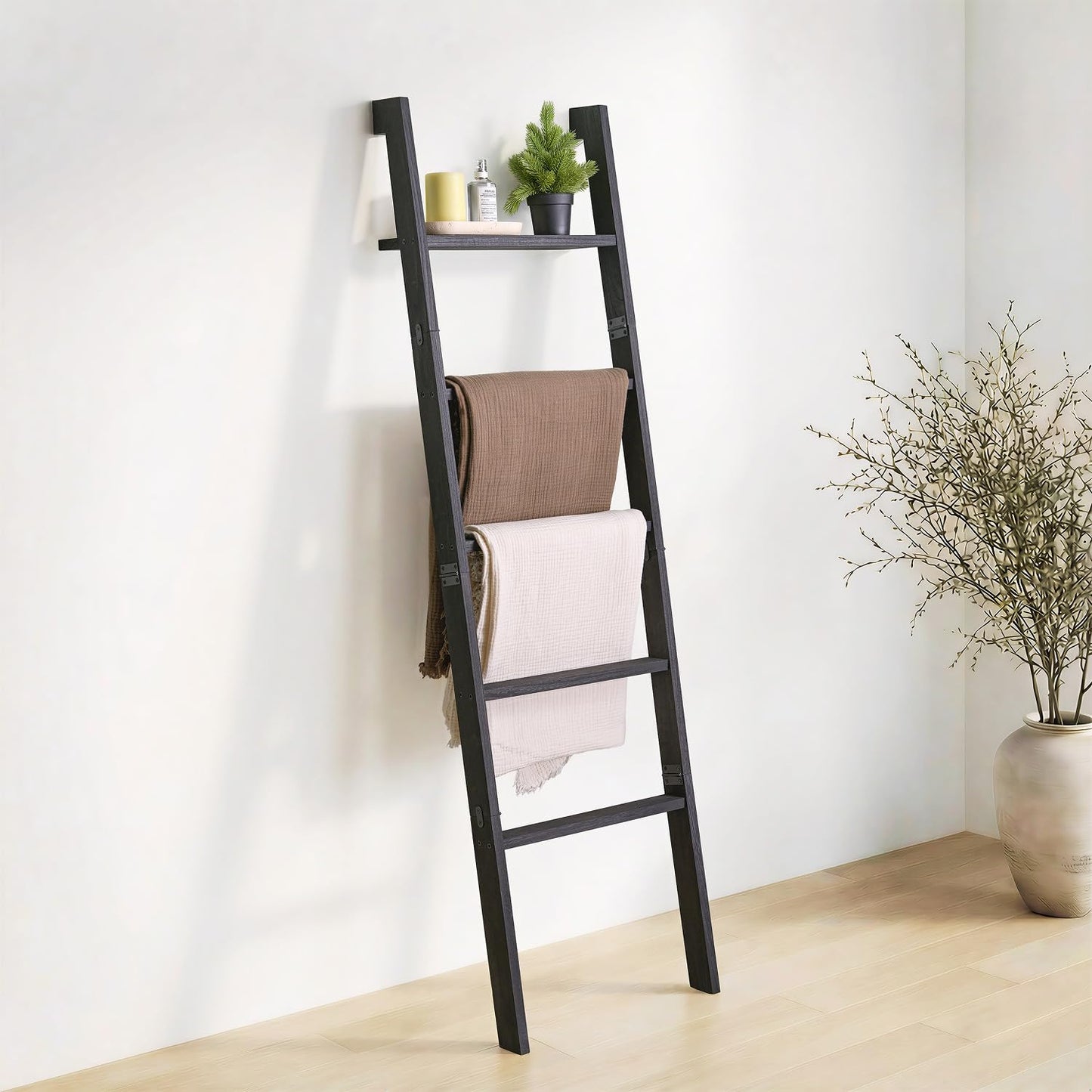KOSKOG Blanket Ladder with Top Shelf, 5-Tier Wood 64” Decorative Ladder for Living Room Throws, Bedroom Quilt, Bathroom Towel & Toiletry Storage, Home Decor Stand (Black)
