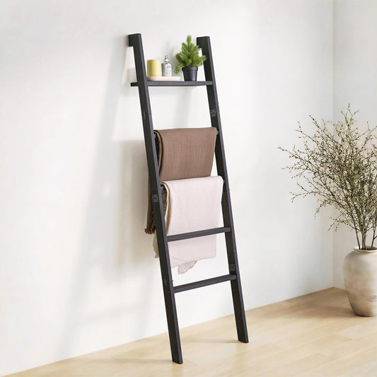 KOSKOG Blanket Ladder with Top Shelf, 5-Tier Wood 64” Decorative Ladder for Living Room Throws, Bedroom Quilt, Bathroom Towel & Toiletry Storage, Home Decor Stand (Black)