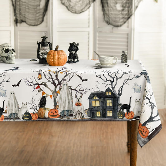 Horaldaily Halloween Tablecloth 60×104 Inch Rectangular, Jack-O-Lantern Pumpkin Cobweb Ghost Dog Washable Table Cover for Party Picnic Dinner Decor