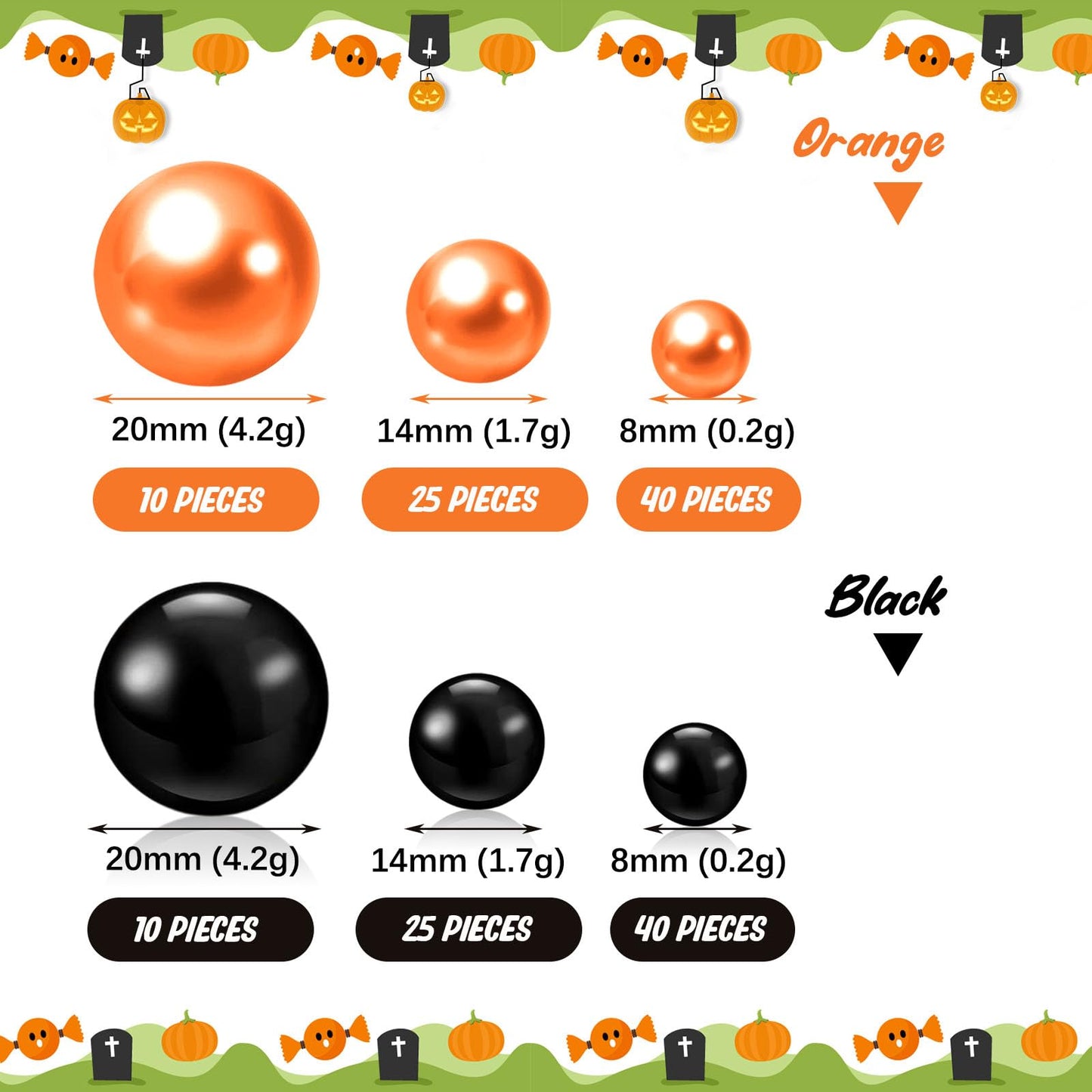 Black Orange Halloween Vase Filler | 150PCS Pearls Bead for Centerpieces Vases | 8/14/20 mm No Hole Beads, Fake Pearls for Wedding Birthday Theme Party Table Centerpieces Decor
