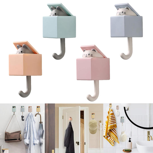 FUZSKWID 4pcs Cute Self Adhesive Towel Hooks For Bathrooms, Wall Hooks Heavy Duty For Hanging Coat, Towel,Scarf, Hat, Robes,Key,Creative Kawaii Room Decorative Cat Hook For Tiles, Glass Door or Mirror