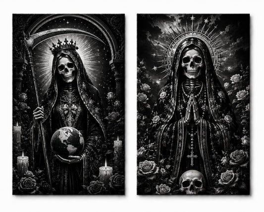 ICE ARMOR Large Set of 2 Black and White Gothic Skeleton Wall Art Canvas Prints, Monochrome Santa Muerte Saint Artwork for Bedroom Decor 16x24 Inch Frameless Canvas Print - Ready to hang