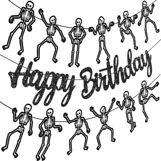 Skeleton Birthday Party Banner Halloween Party Decorations Dancing Skeleton Cutout Banner Glitter Black Skull Party Decoration for Halloween Holiday Celebration Supplies