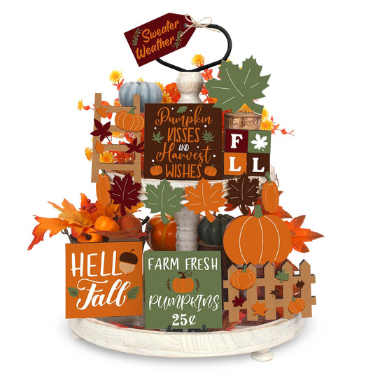 BBTO Set of 15 Fall Tiered Tray Decor Pumpkins Farmhouse Decor Autumn Maple Leaf Thanksgiving Table Centerpieces Harvest Wood Blocks Signs for Home(Fresh Style)