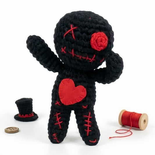 Creepy Voodoo Doll Funny Crochet Ghost Ornaments Stress Relief Fidget Toy Spooky Gothic Decor Handmade Knitted Emotional Support Plush for Halloween Christmas Prank Gag Gift (Black)