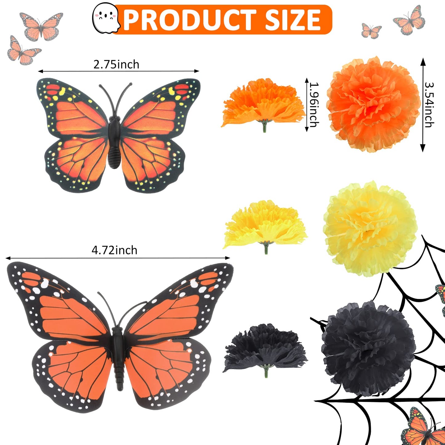80 Pcs Artificial Marigold Flowers Monarch Butterfly Decorations Kit Dia De Los Muertos Decor Day of The Dead Decorations Include 20 Fake Butterflies for Crafts 60 Marigold Flowers for Diwali Mexican
