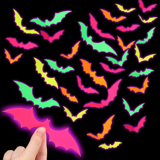 Skylety 72 Pcs Halloween Glow Bats Wall Decoration 4 Different Sizes Glow in The Dark 3D Paper Bat DIY Wall Stickers for Halloween Neon Party Decor Window Indoor Outdoor Home Supplies