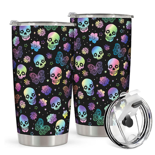 MIXWIT 20oz Rainbow Skull Stainless Steel Insulated Tumbler with Lid Colorful Floral & Butterflies Gothic Punk Style Coffee Travel Mug Cup Birthday Halloween Christmas Skull Gifts for Women