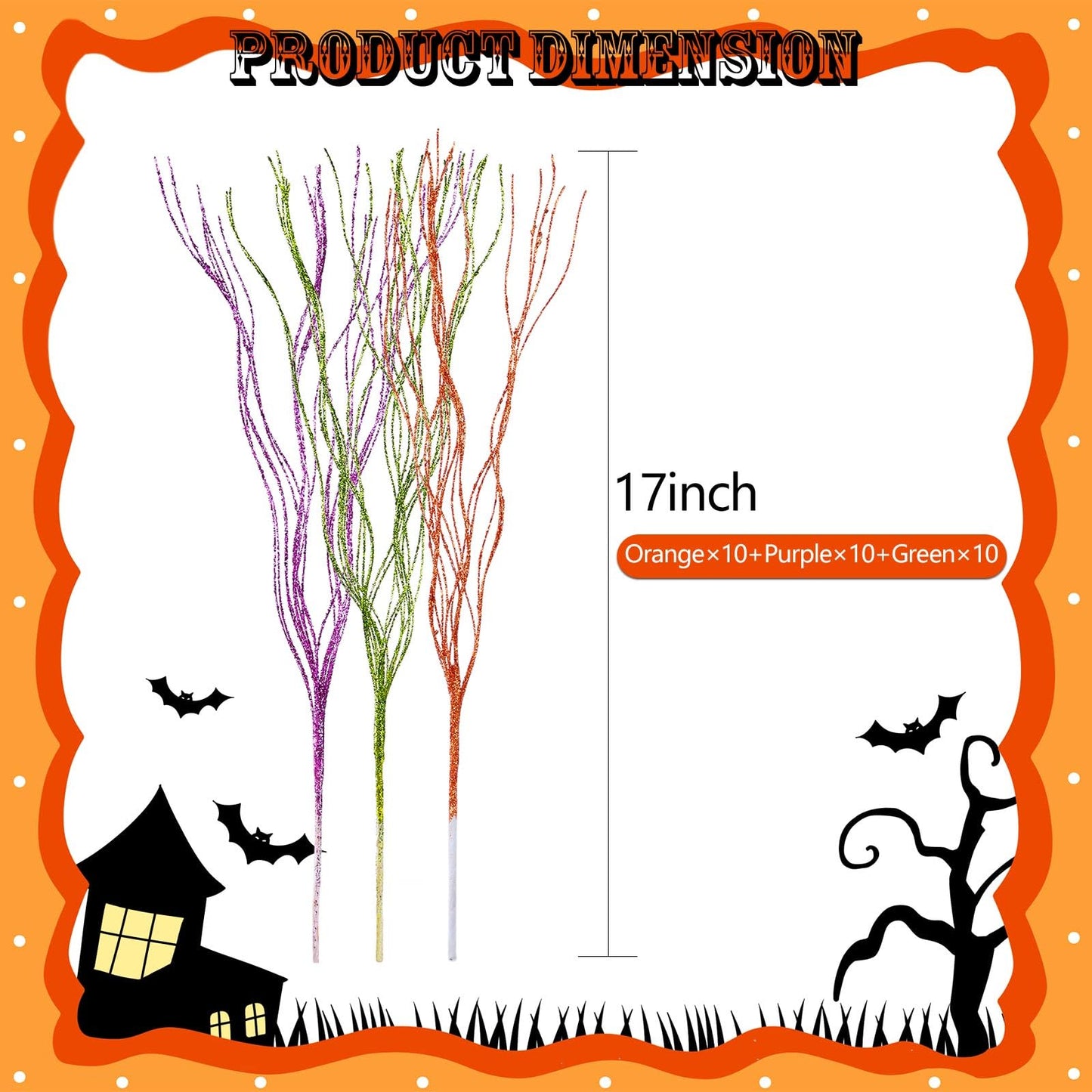 YBB 30Pcs Halloween Artificial Glitter Branches, 17 Inch Fall Stem Floral Picks Decorative Twigs for Halloween Thanksgiving Day Home Table Vase Decoration (Green&Purple&Orange)