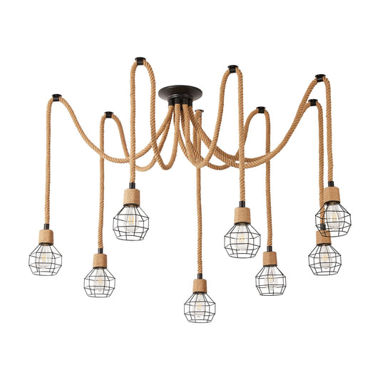 WalmHomie Spider Light Fixture Spider Pendant Light Lamps Ajustable DIY Multiple Ceiling Chandelier, Hemp Rope 8 Arms Industrial Vintage Steampunk Hanging Light for Kitchen Room Dining Farmhouse