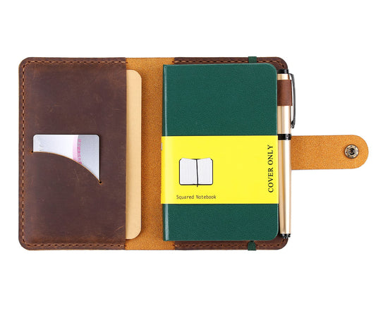Fasjosma Leather Journal Cover for 3.5"x5.5" Hardcover Notebook, Rustic Handmade Leather Notebook Cover Compatible with Moleskine, Pocket-Sized Hardcover Notebook, Brown