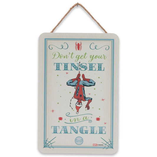 Marvel Spider-Man Don't Get Your Tinsel in a Tangle Hanging Wood Wall Decor - Funny Spider-Man Sign for Christmas Decor