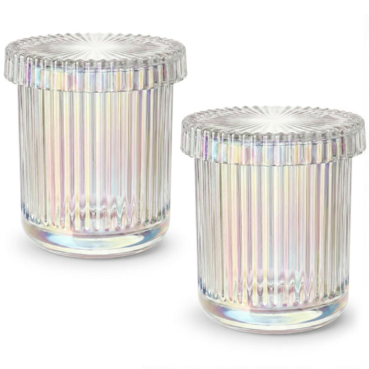 MKOSAB 2 Pack Qtip Holder - Apothecary Jars with Lids, Bathroom Organizers and Storage Canister for Cotton Balls,Swabs,Floss Picks,Hair Ties,Clear Glass Vintage Bathroom Decor Jar Set (Iridescent)