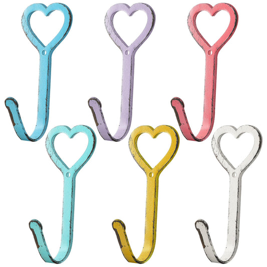 Otoolling 6 Pack Decorative Wall Hooks Colorful Heart Shaped Hooks Heavy Duty Coat Cast Iron Rustic Vintage for Kitchen Bathroom Hanging Coats Scarf Cap Bag Towel Key Cup Hat