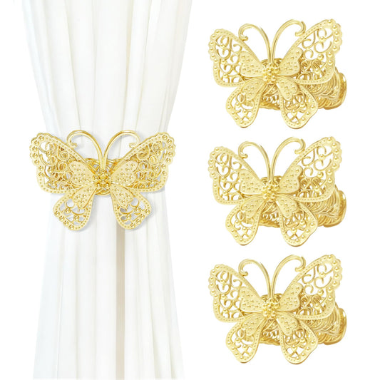 Butterfly Curtain Tiebacks 4 Pack, Gold Metal Curtain Holdbacks, Decorative Boho Curtain Tie Backs for Drapes, Self-Closing Window Curtain Holders for Home Office Cafe Balcony (Gold)