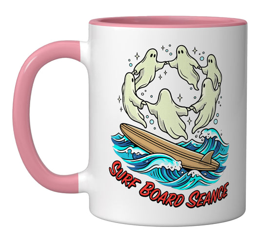 Summerween Art Surf Board Seance Halloween Ceramic Mug, Pink/White