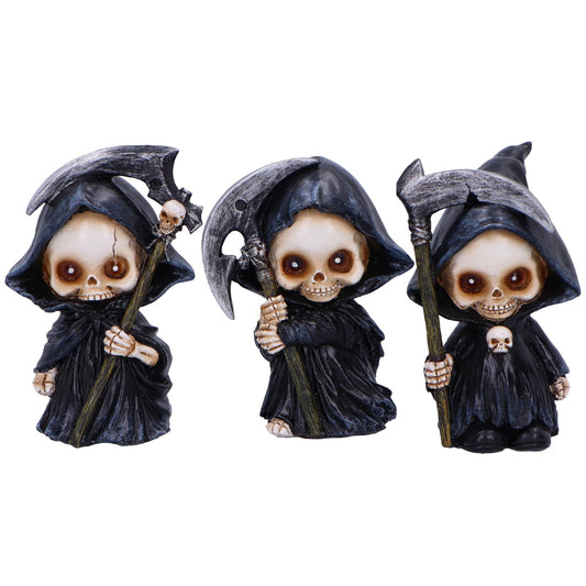 Nemesis Now Trio of Terror Mini Grim Reaper Figurines, Set of 3 Gothic Skeleton Statues, 3.5 Inch Halloween Decor for Shelves Desks and Creepy Gifts