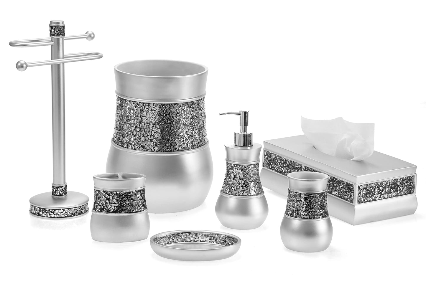 Crackled Glass Silver Tissue Box Cover Rectangular - Decorative Bling Tissue Box Holder With Beautiful Mosaic Glass - Elegant Tissue Holder For Bathroom With Durable Bottom Slider (Silver Collection)