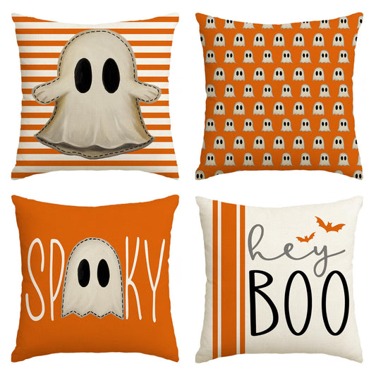 AVOIN colorlife Halloween Hey Boo Cute Ghost Spooky Throw Pillow Covers, 18 x 18 Inch Orange Horror Scary Cushion Case for Sofa Couch Set of 4