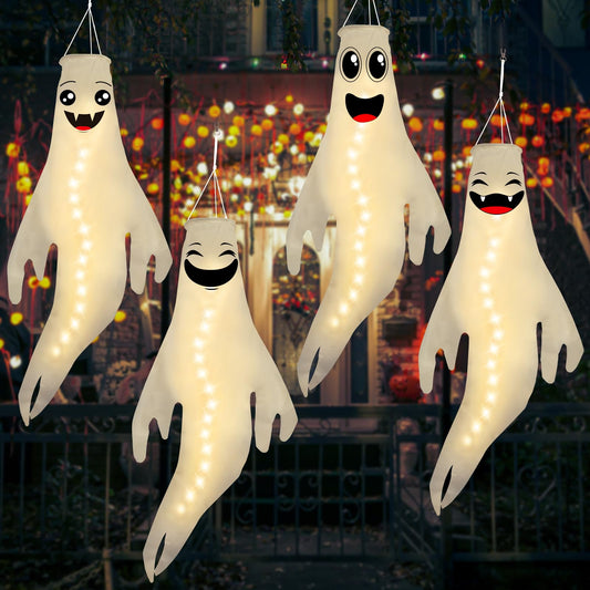 Geefuun 4PCS Warm Light Halloween Cute Ghost Windsocks Hanging Decorations - 43 Inch Flag Wind Socks for Home Yard Outdoor Decor Party Supplies (Batteries Not Included,No Timer)