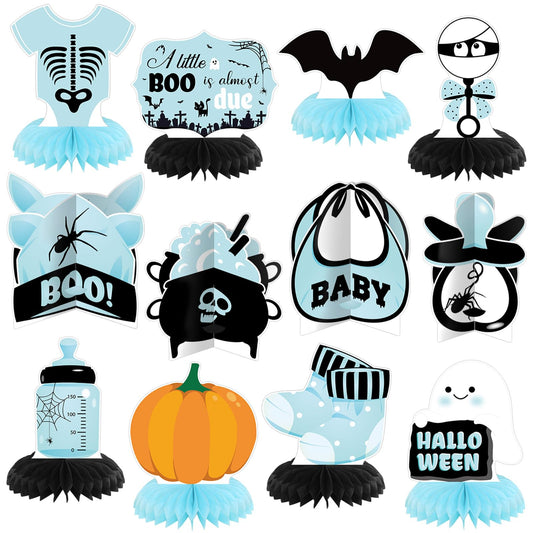 Moinchore 12 Pcs Blue Halloween Baby Shower Decorations a Little Boo Is Almost Due Honeycomb Centerpieces Bat Ghost Skull Halloween Baby Shower Table Decoration Table Topper for Party Favors