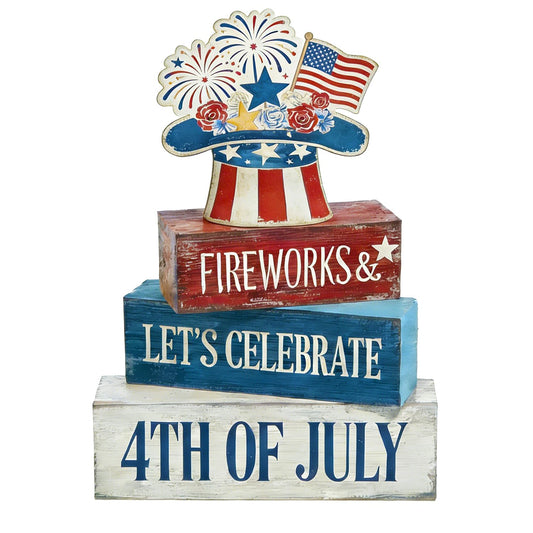 4th of July Table Decorations Patriotic Memorial Day Tiered Tray Decor Wooden Fireworks Hat Block Signs Rustic Farmhouse 250th July Fouth Centerpiece for Tables Wooden Sign for Home Decor