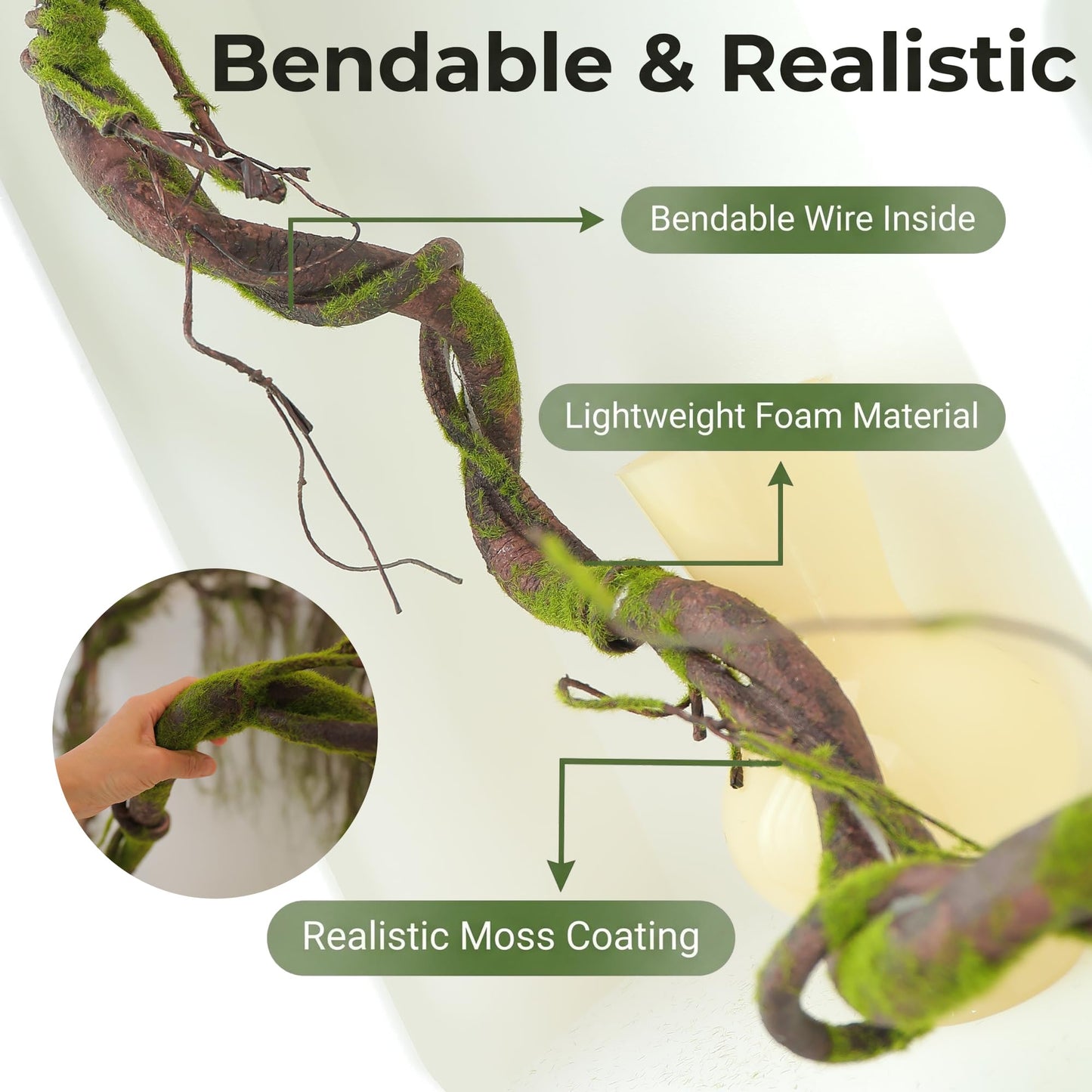 70.9in Realistic Bendable Mossy Tree Branches Reptile Jungle Vines Hanging