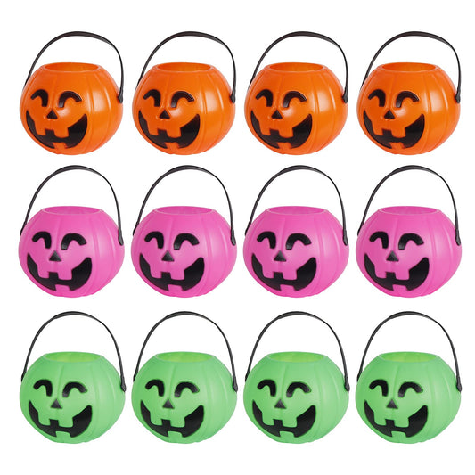 PTYQU Mini Halloween Pumpkin Bucket Orange&Green&Pink Plastic Halloween Witches Cauldron Kettle Multi-Purposed Novelty Candy Holder Decor for Halloween Party (12 Pack)
