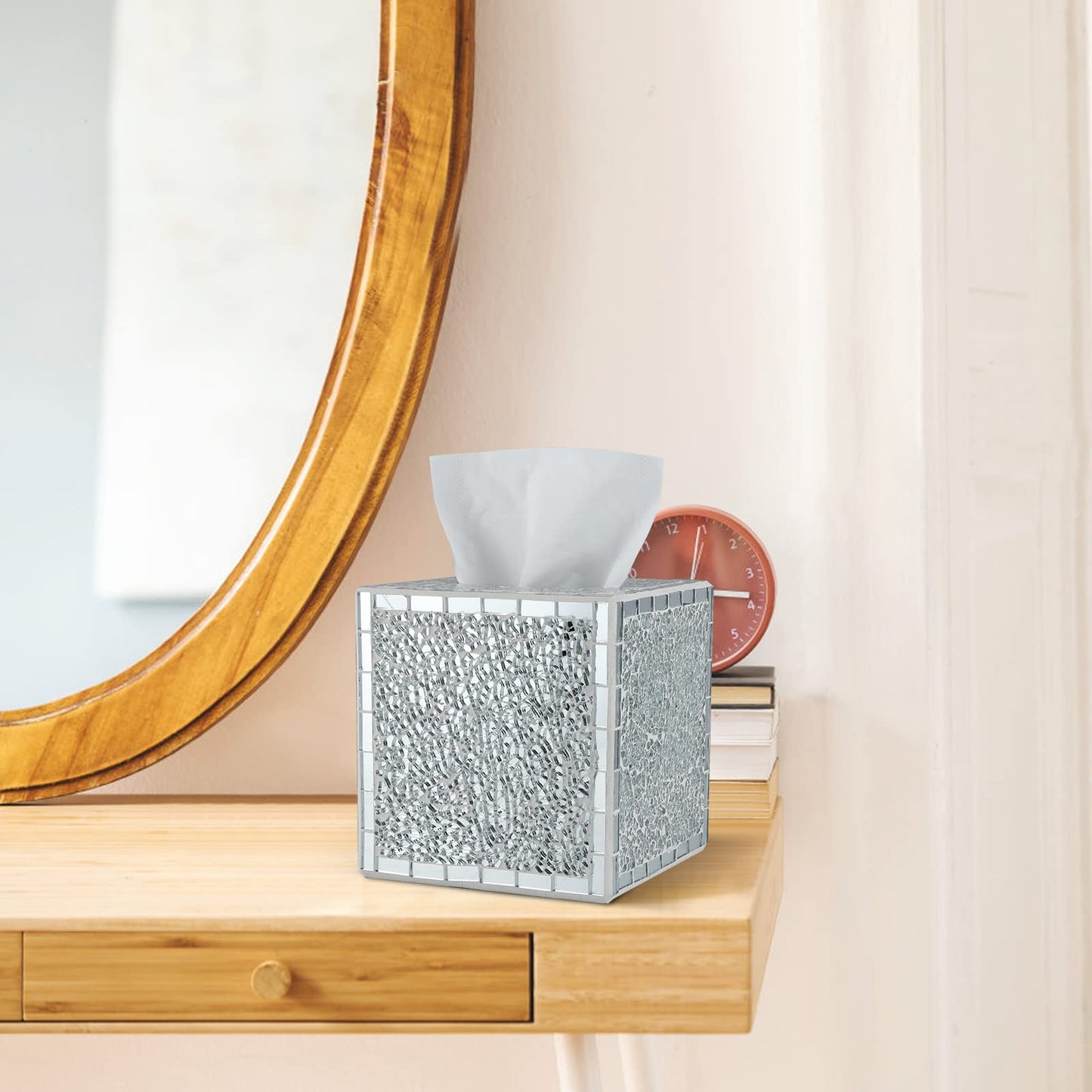 MDLUU Mosaic Glass Tissue Box Holder, Decorative Tissue Box Cover, Square Tissue Dispenser for Bathroom, Bedroom, Living Room (Silver)