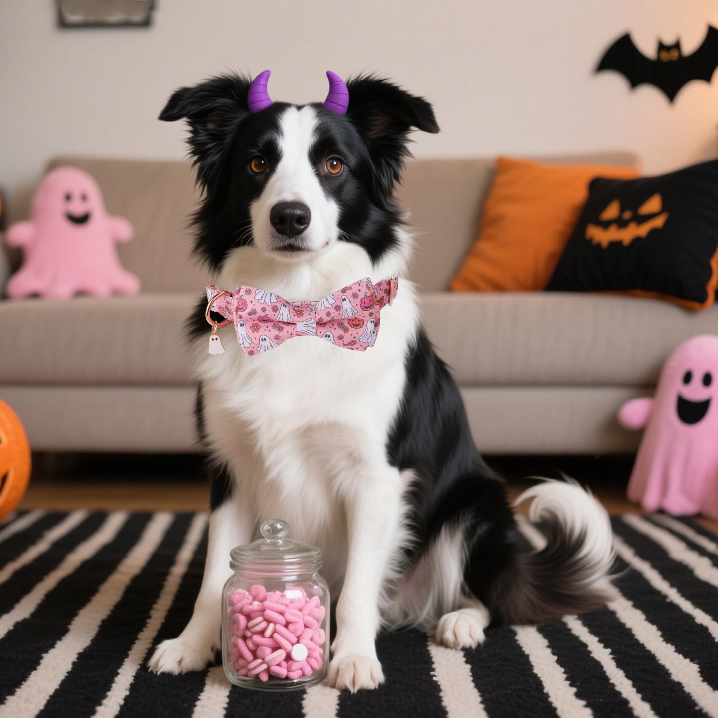 ADOGGYGO Halloween Dog Collar with Bow, Detachable Pink Ghost Pumpkin Bowtie, Metal Buckle, Adjustable Pink Halloween Collars for Medium Dogs Girl (Medium)
