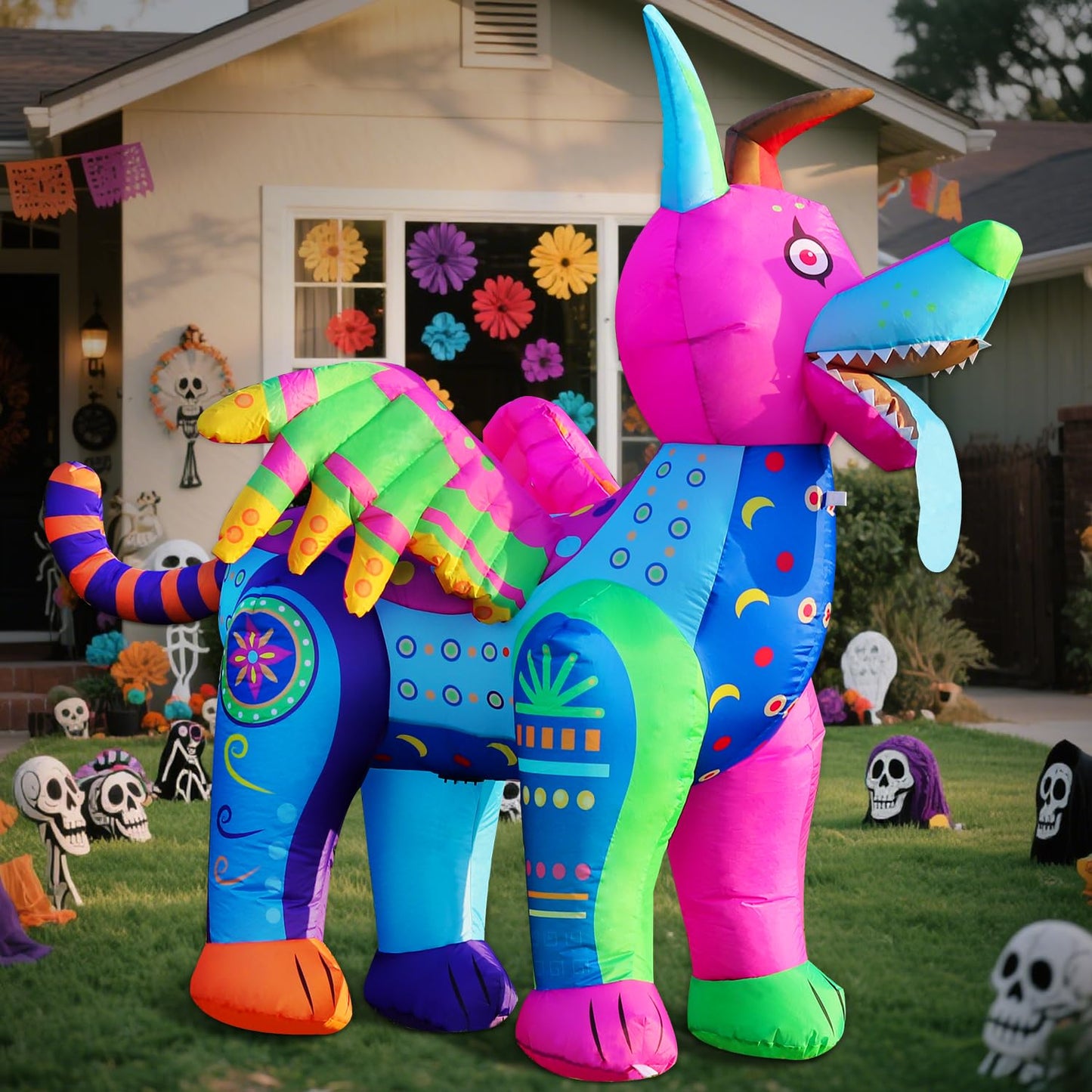 DomKom 6FT Halloween Inflatable Blow Up Decorations, Dia de Los Muertos Day of Dead Alebrije, Built-in LEDs for Holiday Party, Garden, Lawn, Yard, Patio Décor