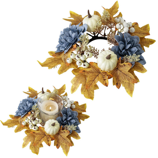 Thanksgiving Fall Candle Ring Holder Artificial Pumpkin Berries Maple Leaves Dahlia Flowers Candle Ring Wreath for Autumn Wedding Harvest Table Centerpiece Decor Supplies (Blue)