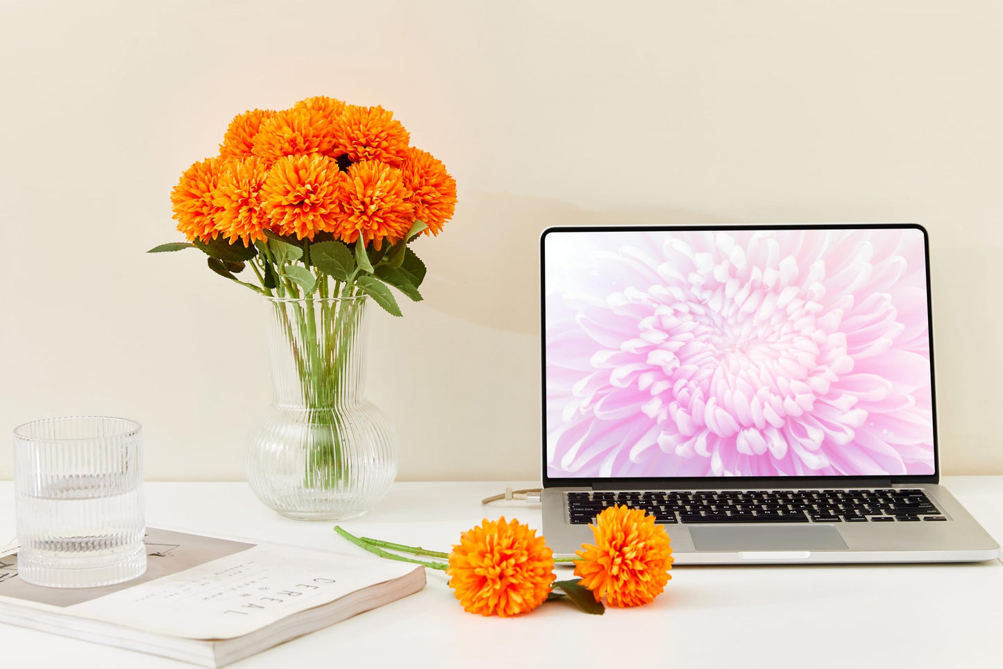 SITUMEIZI 12 Pcs Orange Artificial Chrysanthemums Flowers Ball Flower Fake Mums Silk for Fall Decor Halloween Thanksgiving Day Wedding Home Kitchen Decoration Floral Arrangement