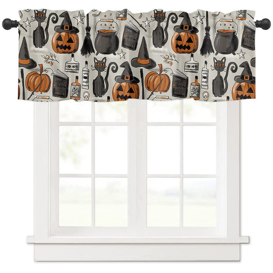 Halloween Curtains Valance for Bedroom Living Room, Pumpkin with Witch Hat Valance for Window , Curtains & Drapes Rod Pocket Black Cat Valances for Kitchen Window Curtains Over Sink 54x18in,1 Panel