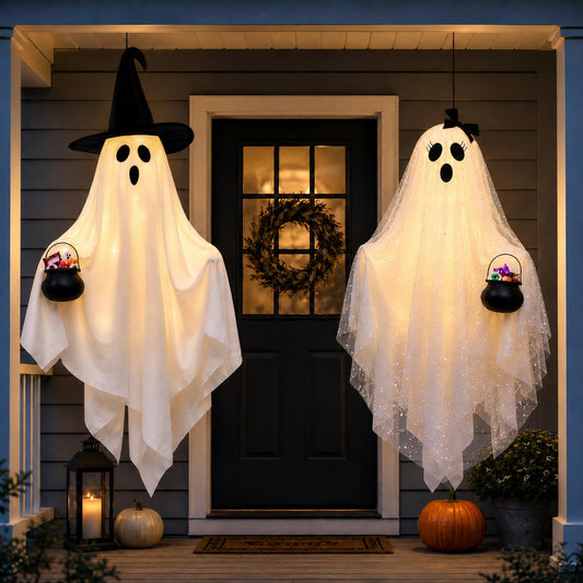 Teeanzo 2 Packs Halloween Decorations Outdoor, Hanging Light-Up Ghost with Witch Hat Bow Cute Ghost Ornaments with Cauldron Spooky Halloween Decor for Front Porch Yard Indoor Outdoor Party Decor