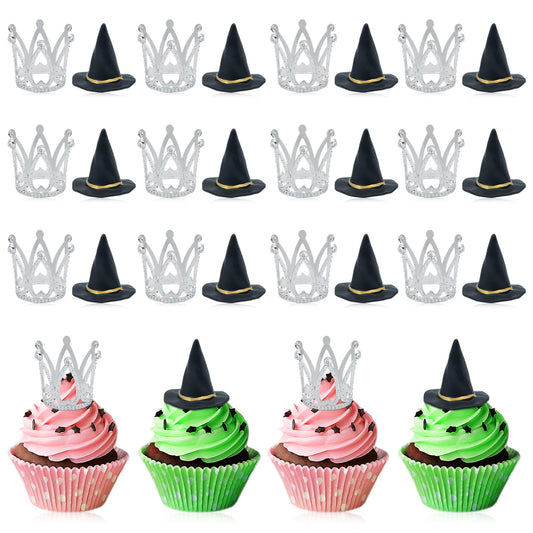24 Pcs Witch Hat and Crown Cake Topper,Wicked Cake Topper and Wicked Cupcake Toppers,For Party, Birthday Cake, Craft Decoration
