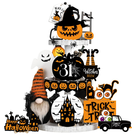 Geetery 18 Pcs Halloween Tiered Tray Decorations Set Wooden Halloween Table Decorations Plush Gnome Pumpkin Ghost Boo Wood Block Sign for Tiered Tray Party Decor Home Supplies
