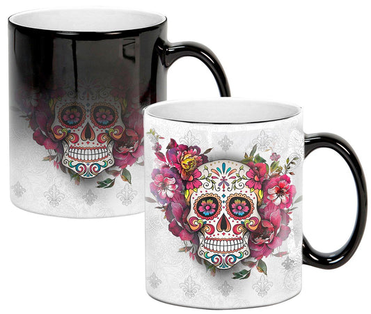 Sweet Gisele | Sugar Skull Mug | Heat Activated | Color Changing Coffee Cup | Floral Pattern Ceramic | Reveals Vivid Colors | Great Novelty Gift | White | 11 Fl. Oz