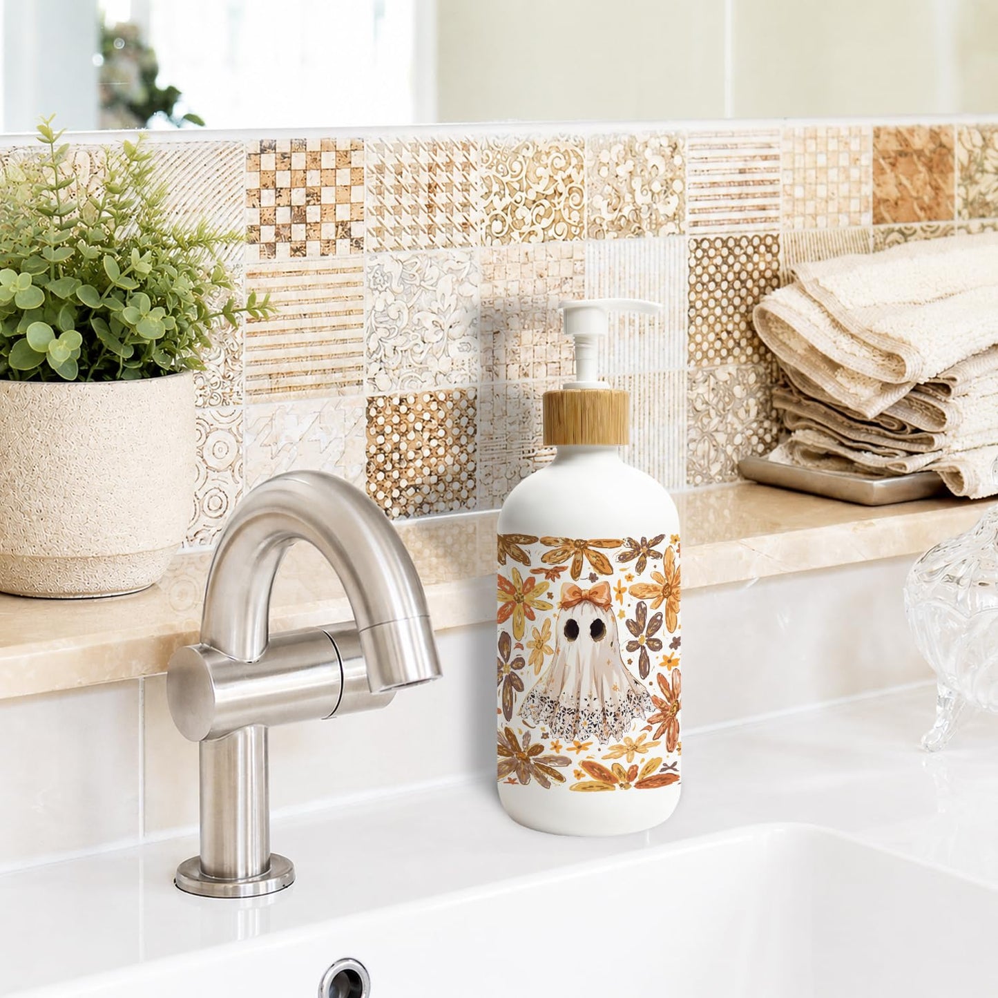 Stelloriellea Boho Halloween Ghost Glass Soap Dispenser with Pump