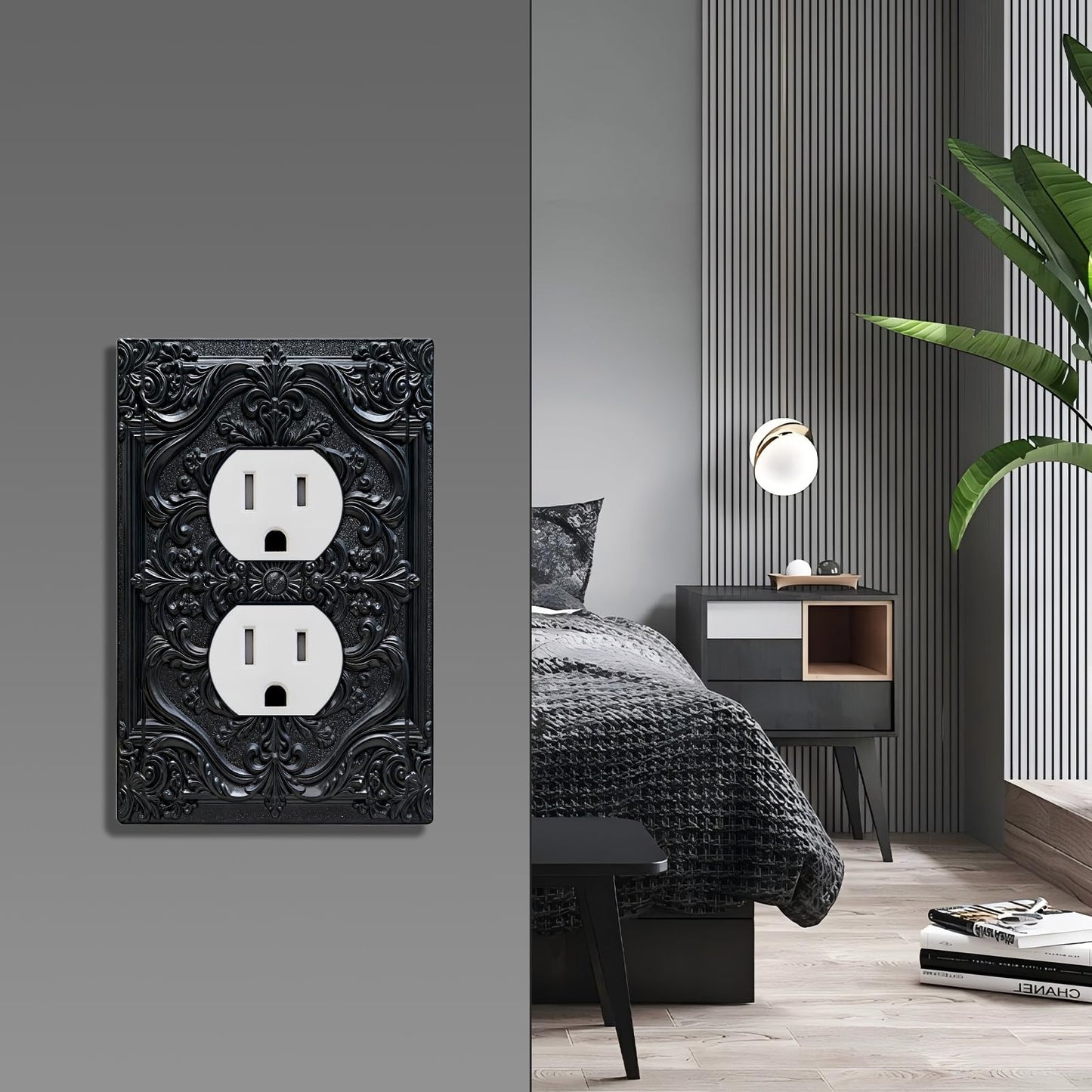 CZRPKEN Decorative Outlet Cover Black Luxury 3D Embossed Ornate Floral Design 1 Gang Duplex Light Switch Cover Plate Unique Wall Plate Electrical Switch Plate Covers for Elegant Home Wall Decor