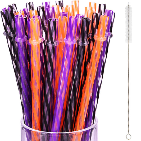JOVITEC 60 Pieces Halloween Straws 9" Plastic Reusable Straw Drinking Straws for Tumblers with Straw Cleaning Brush for Halloween Cocktail Christmas Party Family Supply