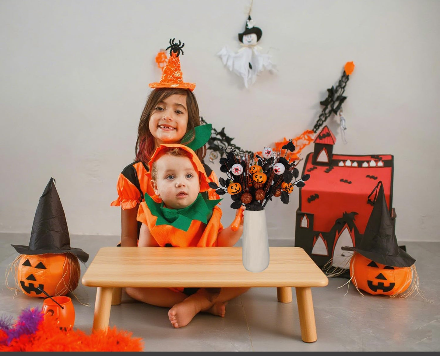 YLEALTH 5PCS Artificial Halloween Flowers,13.4 Inch Artificial Pumpkin Maple Leaf Floral Stems Branches &Eyeball Halloween Decoration for Indoor Home Farmhouse Party Table Vase Décor