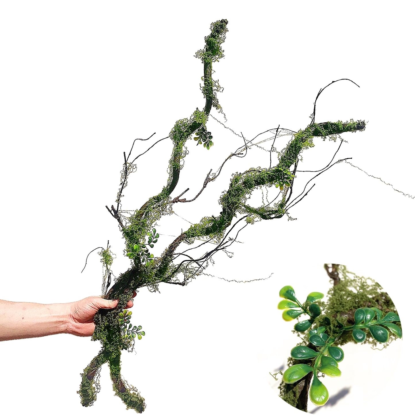 Dophinena 43 inches Moss Twig Vines Artificial Trees Branches Jungle Climber Fake Greenery Twigs Trunk with Greenery for Home Decor Garden Landscape Hanging Reptile Habitat Decor (Green - Pack of 2)