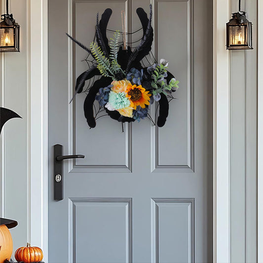 Halloween Spider Wreath with Sunflowers and Black Feathers, Wooden Pendant for Front Door Decoration Fall Halloween Party Decor Supply