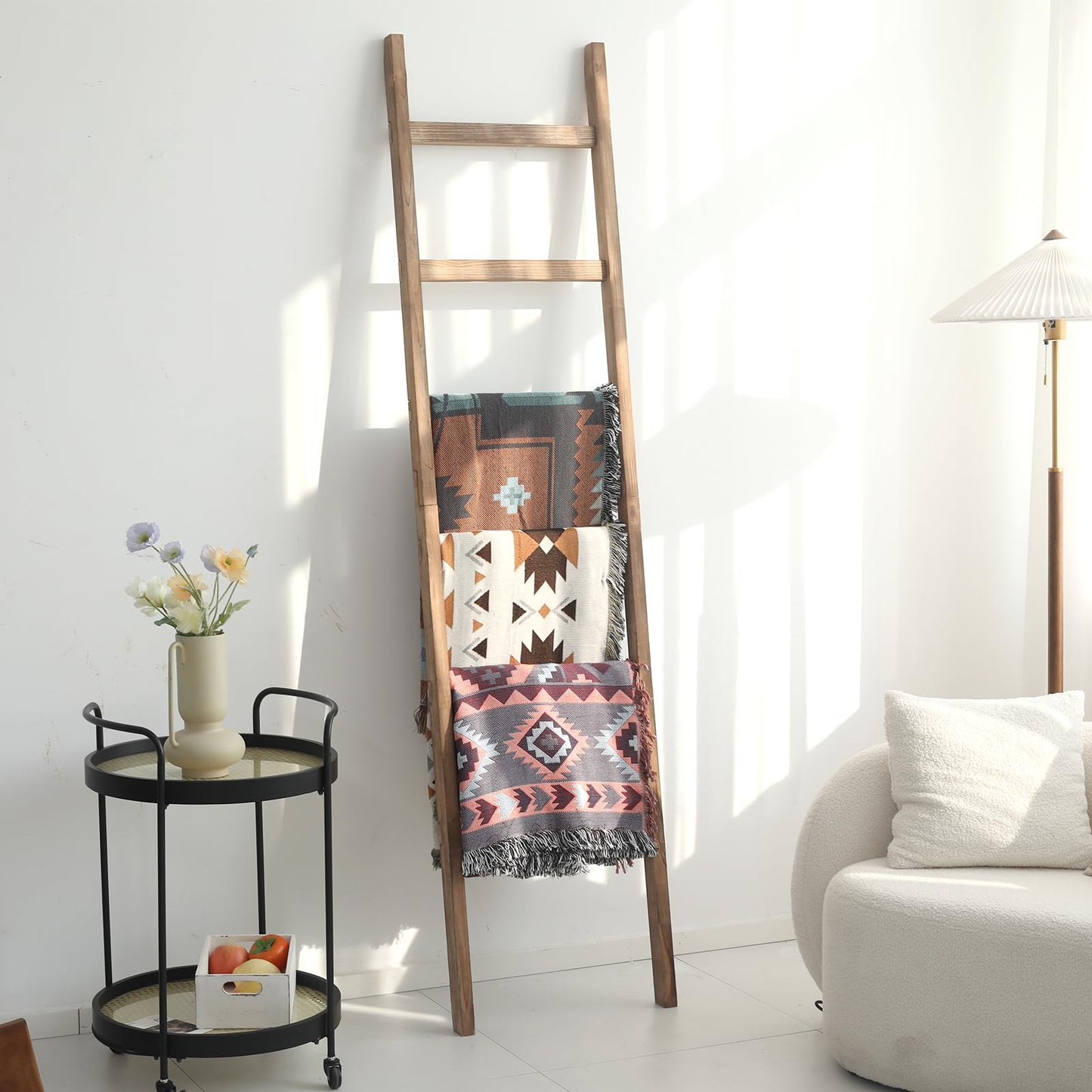 FUIN 6.4ft Extra Wide Wooden Blanket Ladder Living Room Decorative Wal Leaning Farmhouse Quilt Display Holder Rustic Wood Towel Rack for Bathroom, Burnt Brown, 18.5 inch Wide
