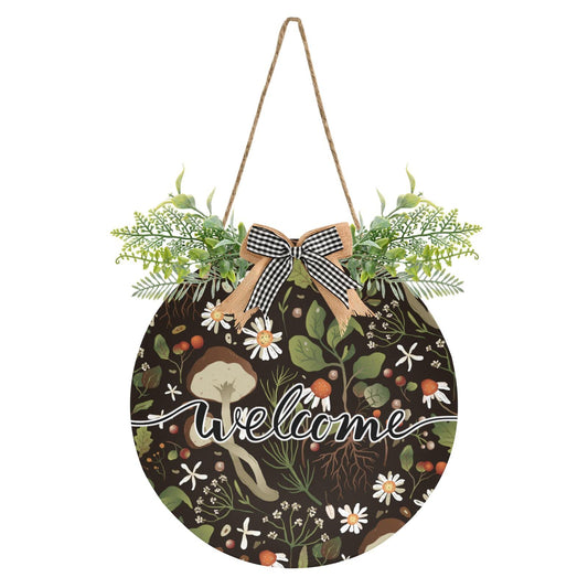 Mushroom Daisy Welcome Sign Farmhouse Front Porch Decor Door Hanging Welcome Wreath for Holiday Wall Home Decoration 12 X 12 in