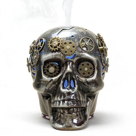 200ML Dark Gothic Steampunk Skull Ceramic Essential Oil Diffuser Day of The Dead Halloween Decor 7 LED Colors USB Powered Cool Mist Humidifier with Waterless Shut - Off for Home Decor Aromatherapy