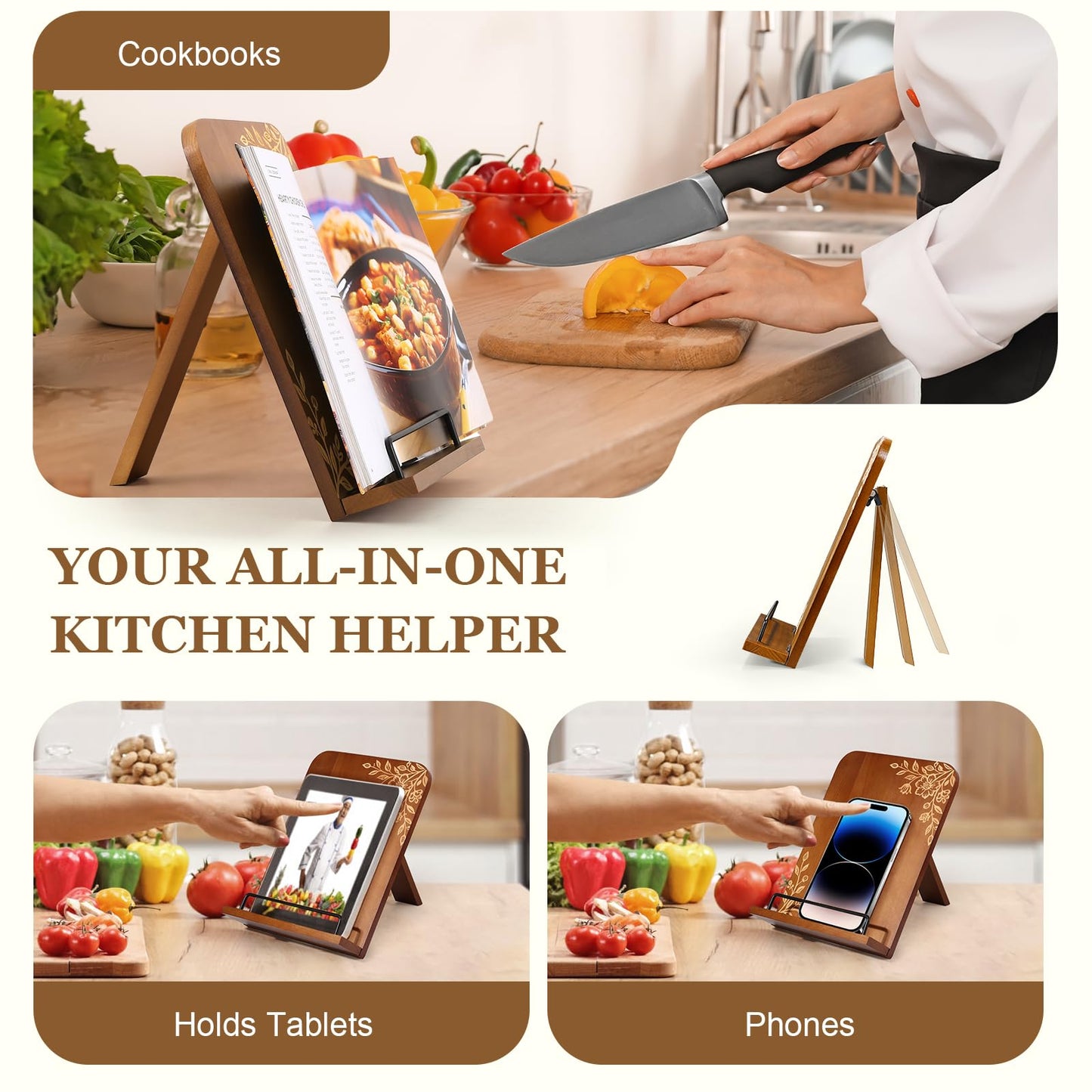 Beautiful Cookbook Stand for Kitchen Counter - Solid Wood Recipe Book Holder with Adjustable Design - Keeps Books Open for Convenient Cooking - Enhances Any Kitchen Decor