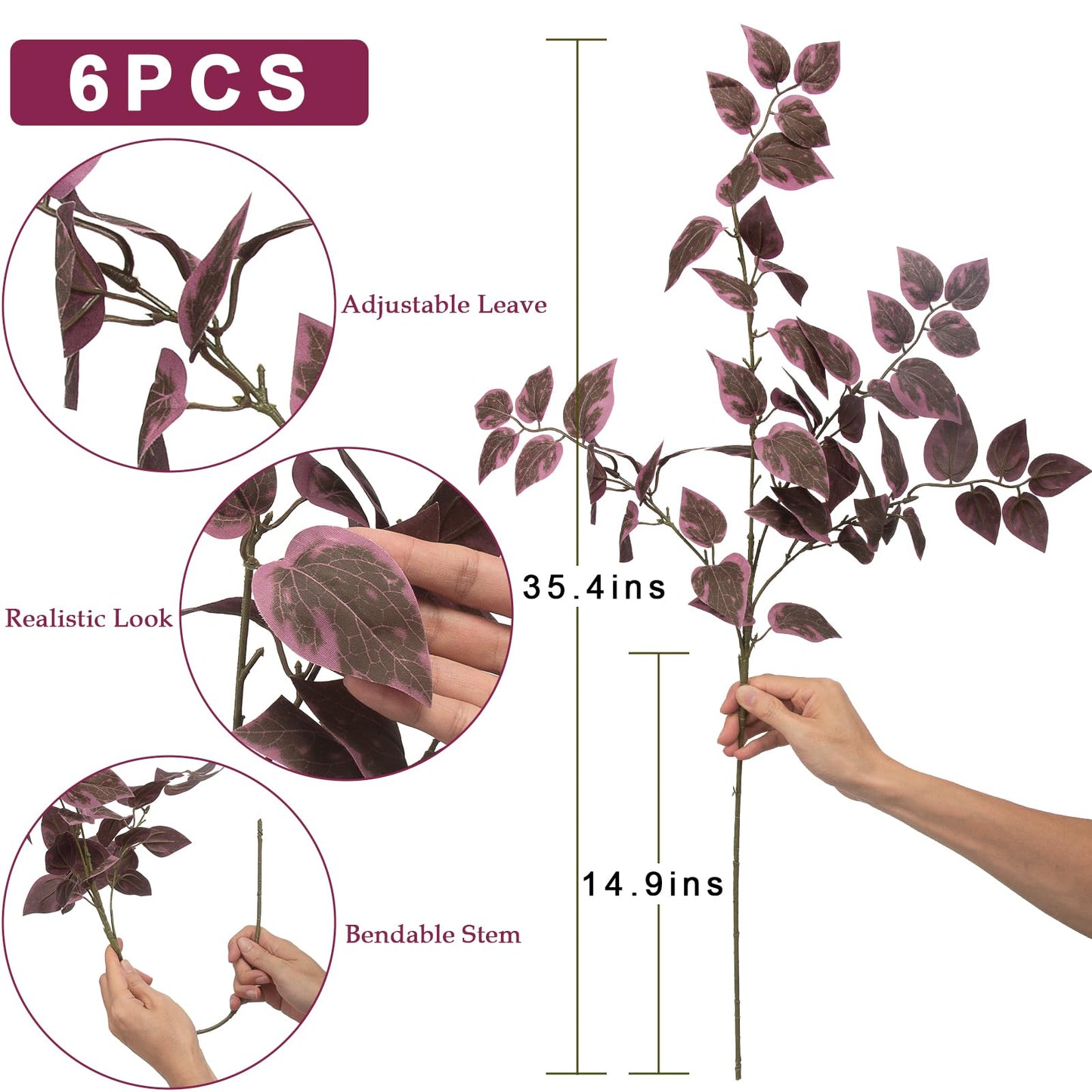 Daynight 35″ Fall Artificial Eucalyptus Stems, 6Pcs Silk Faux Foliage Branches, Autumn Greenery Stems for Thanksgiving Halloween Farmhouse Table Centerpiece DIY Decor (6, Burgundy)